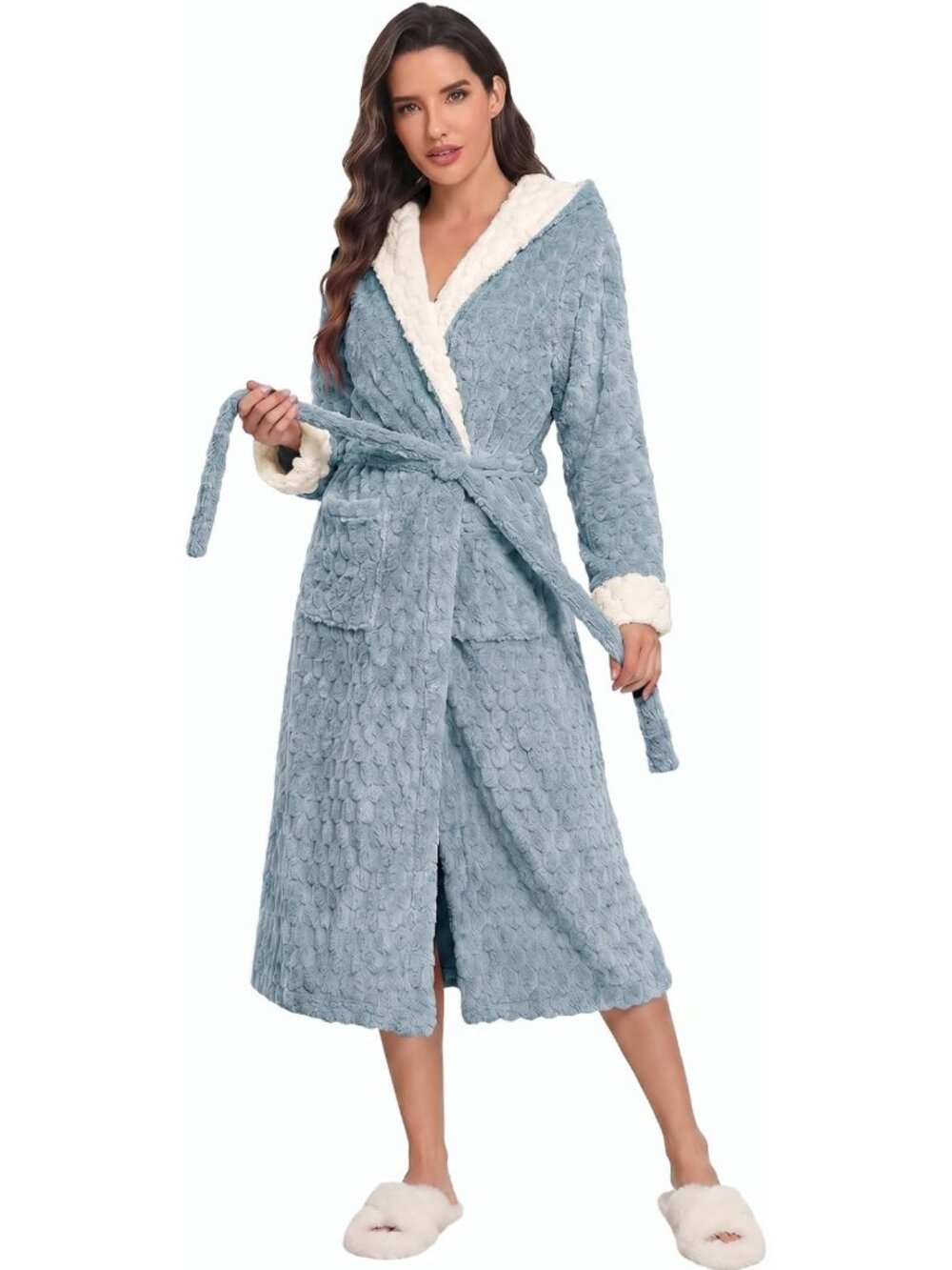Cozy Long Plush Hooded Bathrobe for Women - Soft Fluffy Jacquard Robe